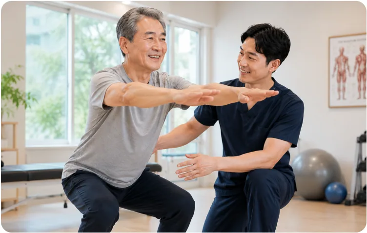 남성이 스쿼트 자세로 팔을 뻗고 치료사가 옆에서 지켜보는 모습