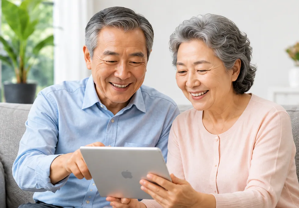 태블릿을 함께 보며 웃는 노부부