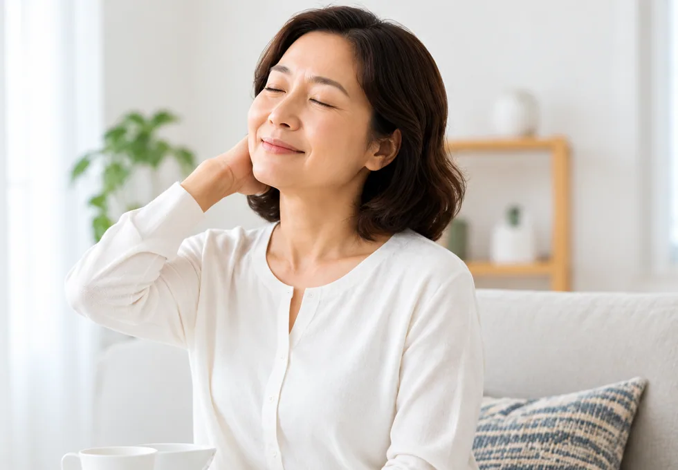 눈을 감고 목 뒤에 손을 얹은 중년 여성
