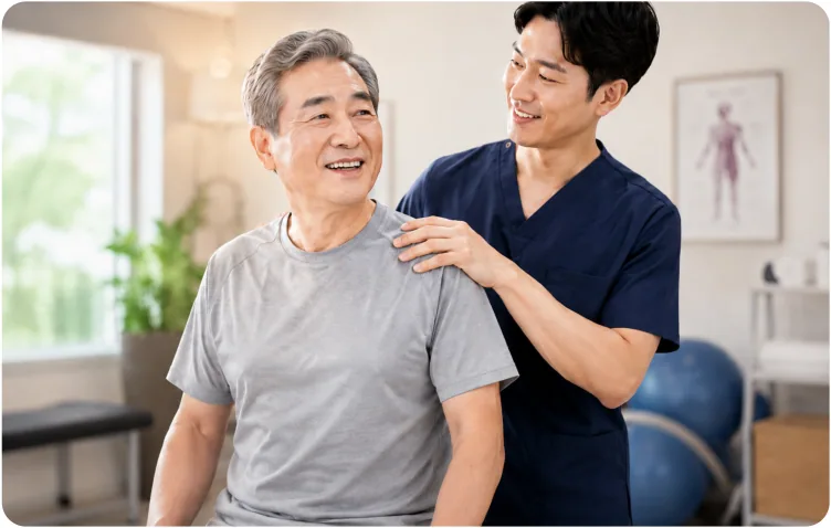 치료사가 앉은 중년 남성의 어깨에 손을 얹고 함께 웃는 모습